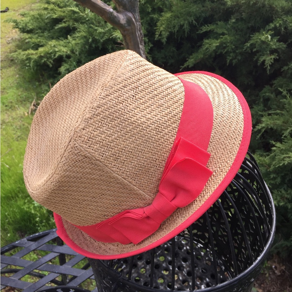 dp Tan Fedora Hat short brimmed straw hat with bow, HP 25